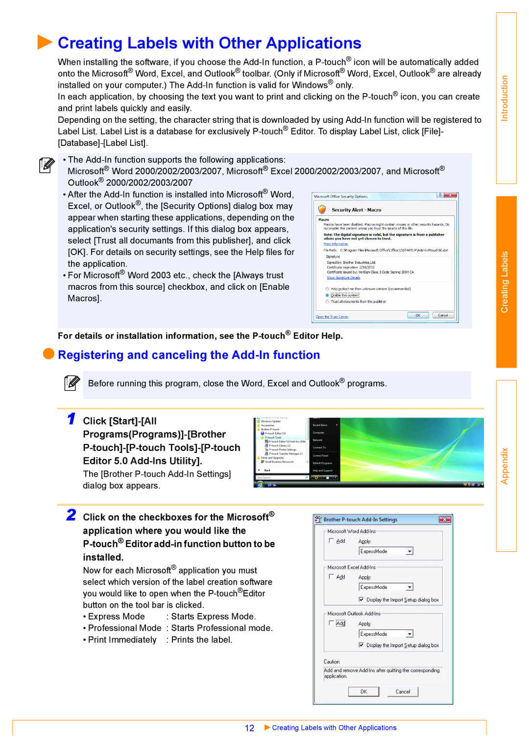 Brother QL-570 appendix Creating Labels with Other Applications, Registering and canceling the Add-In function 