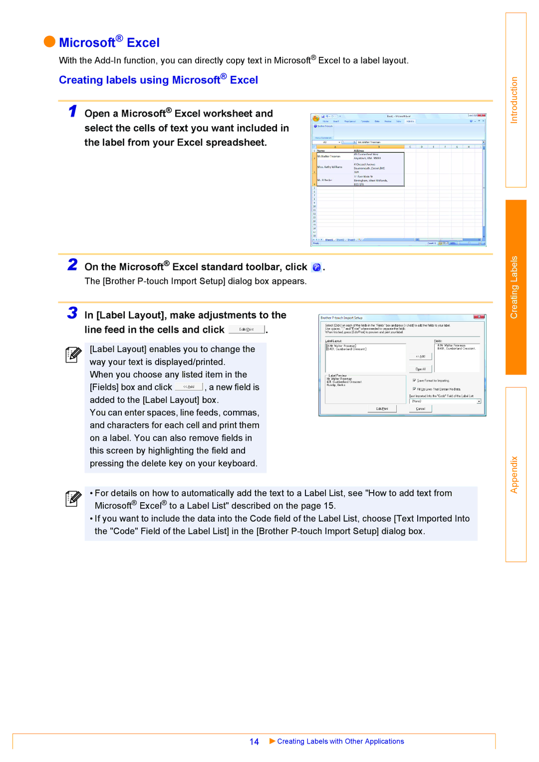 Brother QL-570 appendix Creating labels using Microsoft Excel, On the Microsoft Excel standard toolbar, click 