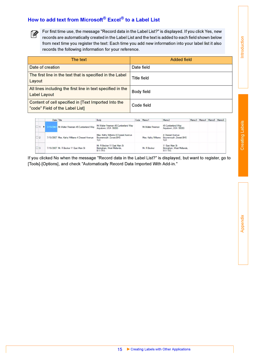 Brother QL-570 appendix How to add text from Microsoft Excel to a Label List 