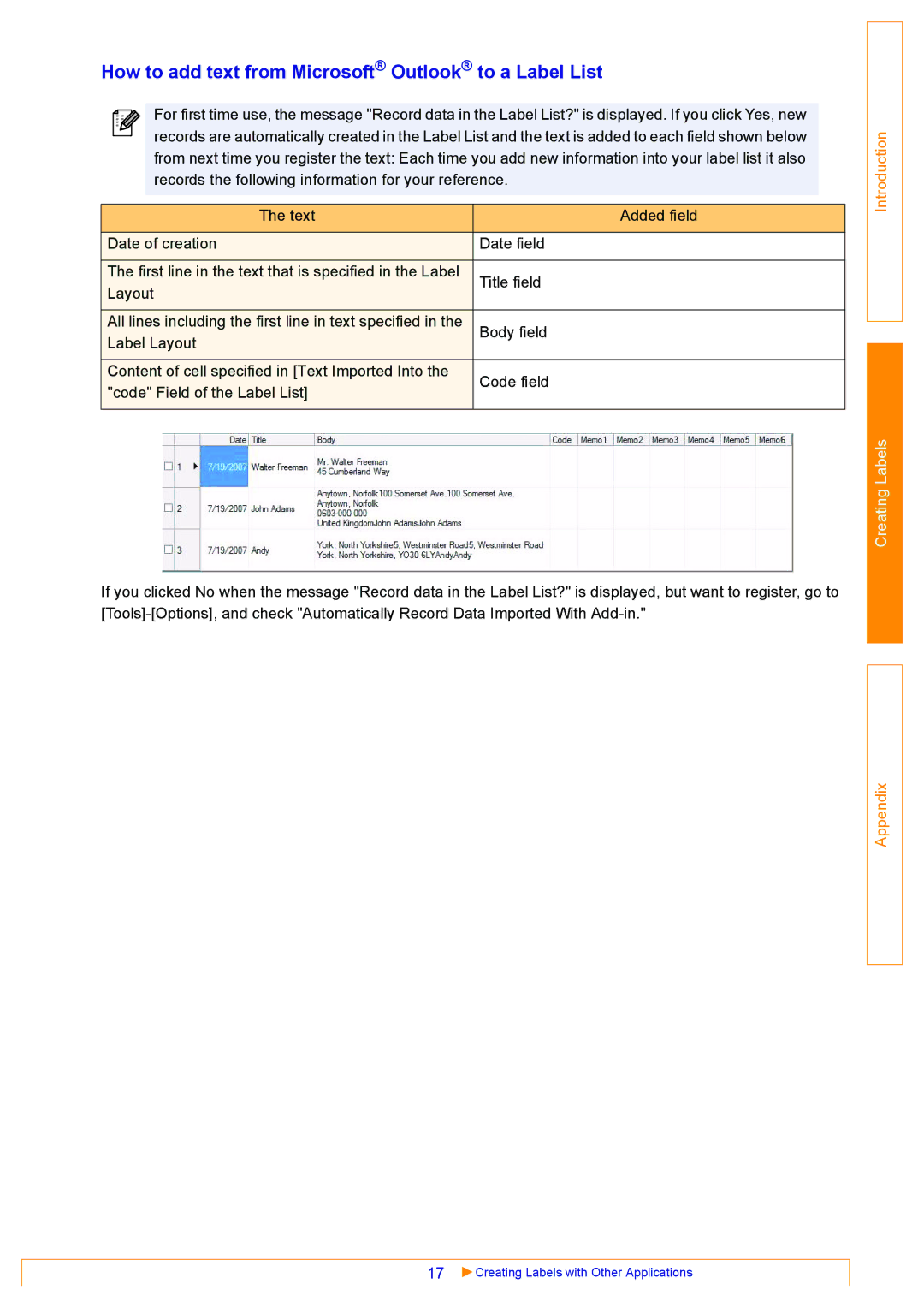 Brother QL-570 appendix How to add text from Microsoft Outlook to a Label List 