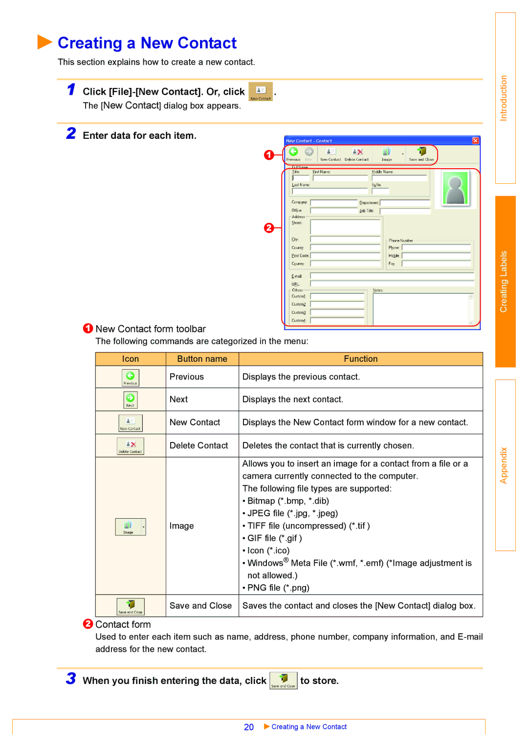 Brother QL-570 appendix Creating a New Contact, Click File-New Contact. Or, click, Enter data for each item 