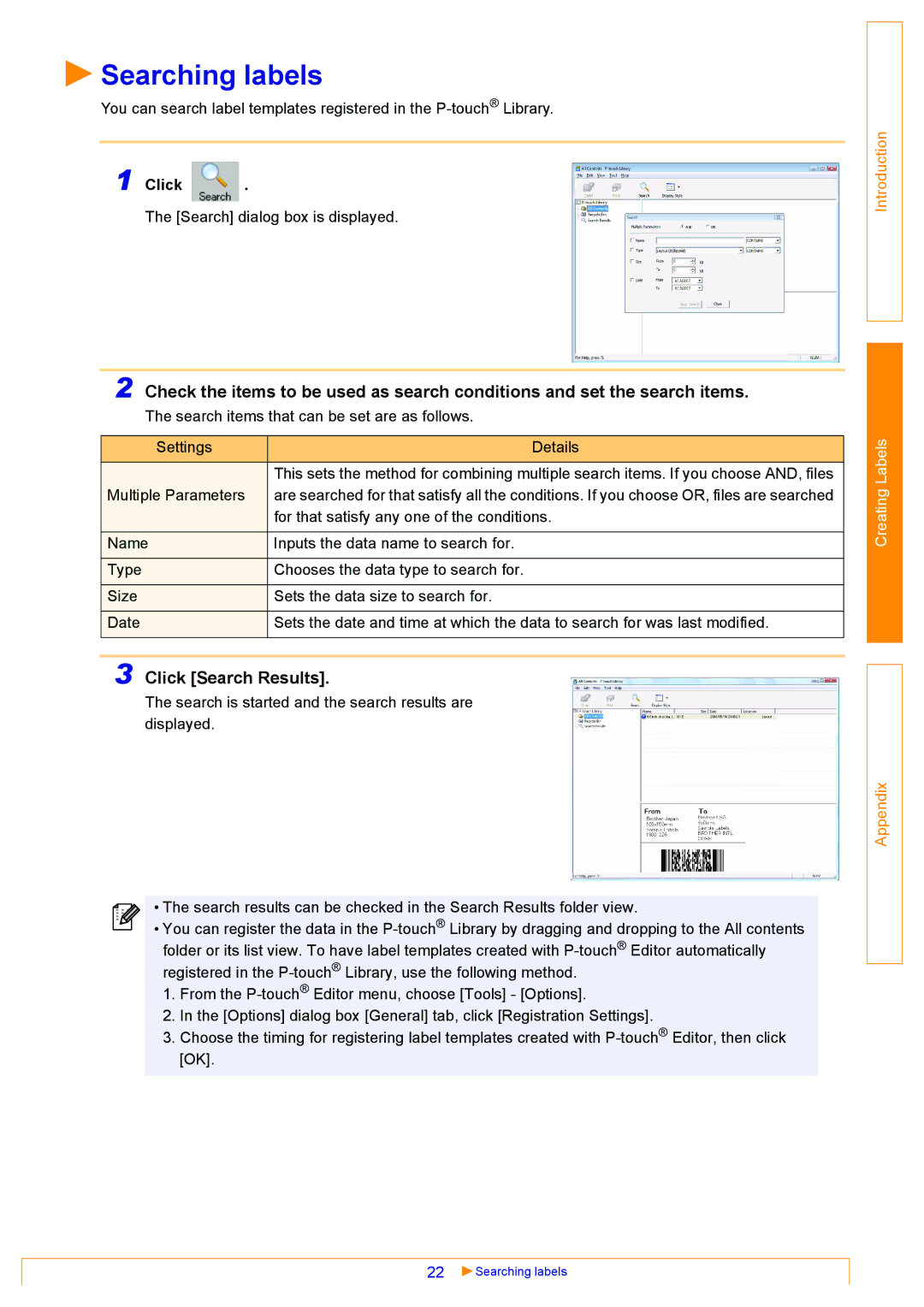 Brother QL-570 appendix Searching labels, Click Search Results 