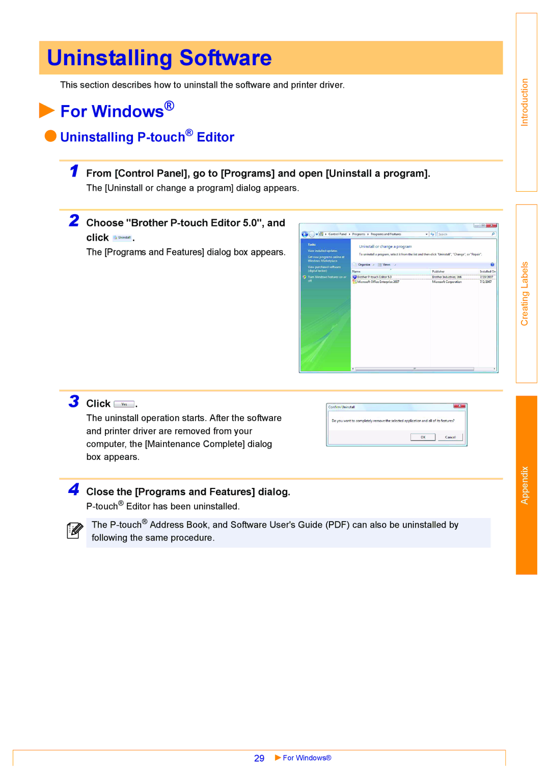 Brother QL-570 Uninstalling Software, For Windows, Uninstalling P-touchEditor, Choose Brother P-touch Editor 5.0, Click 