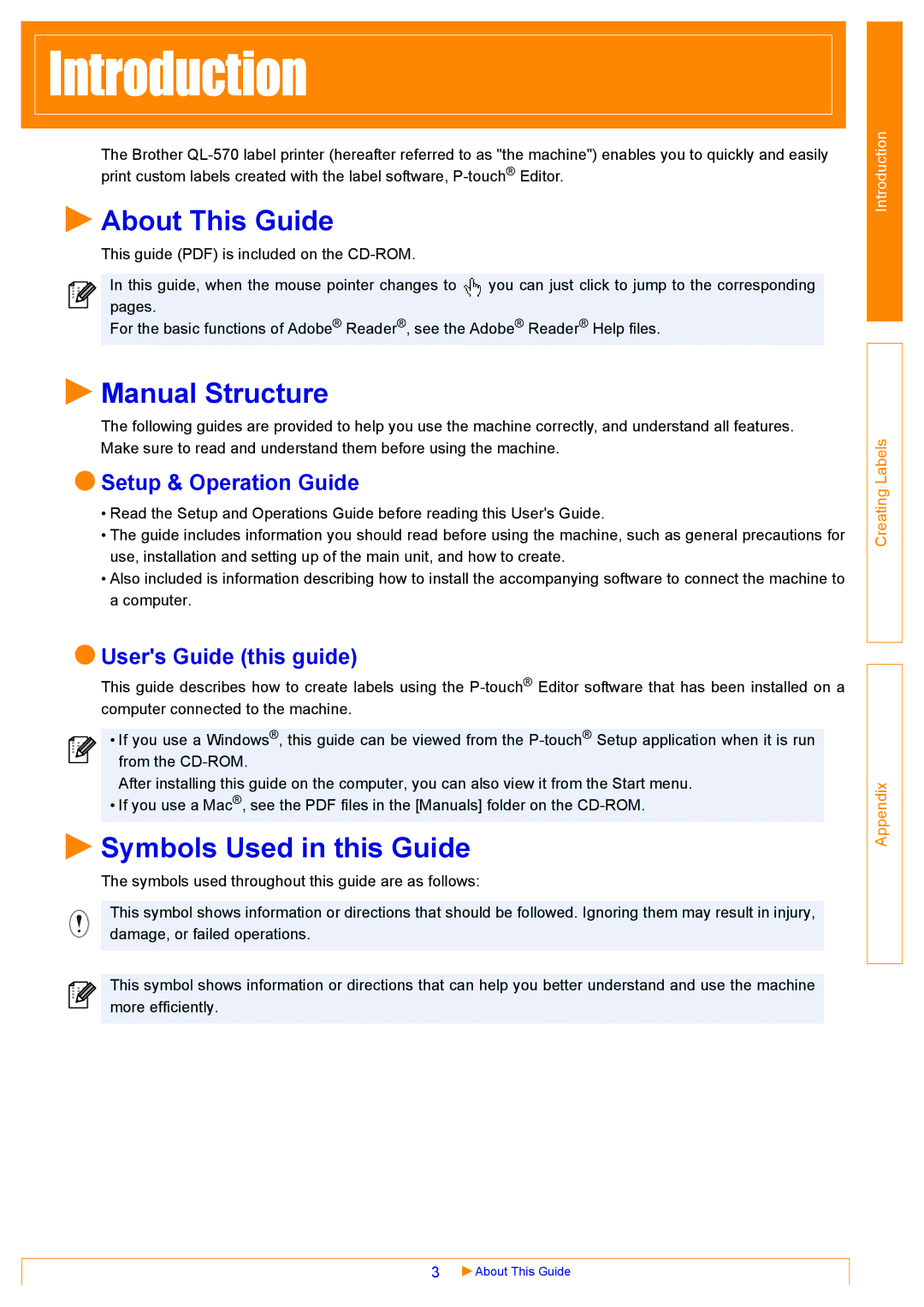 Brother QL-570 appendix About This Guide, Manual Structure, Symbols Used in this Guide, Setup & Operation Guide 