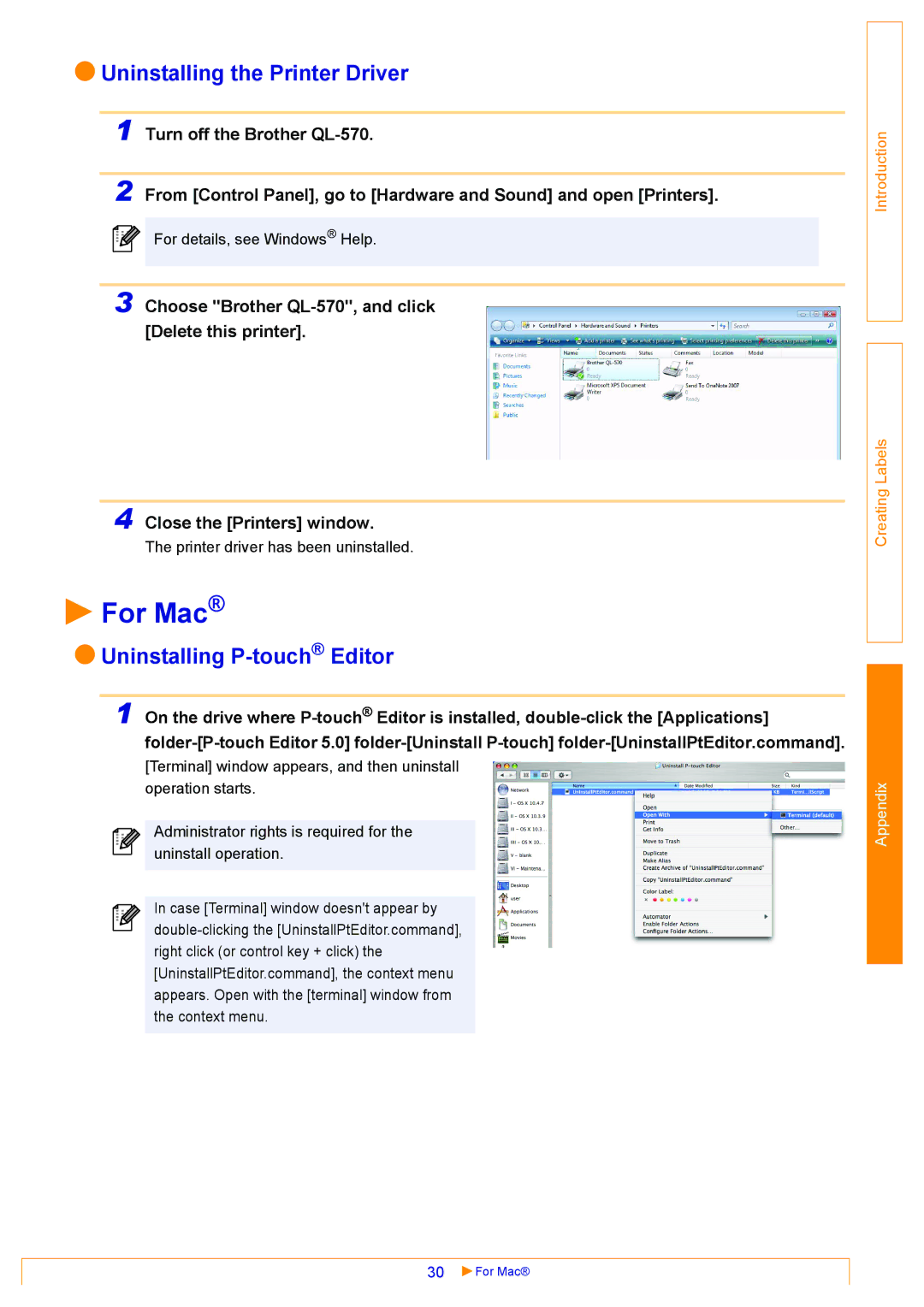 Brother appendix For Mac, Uninstalling the Printer Driver, Choose Brother QL-570, and click Delete this printer 