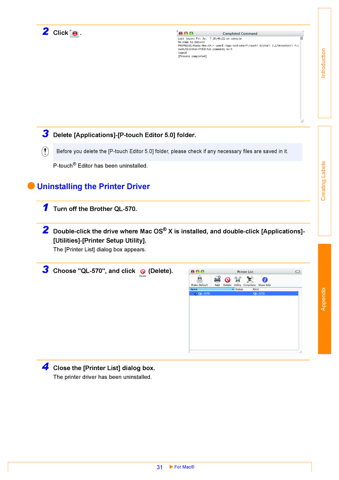 Brother QL-570 appendix Click Delete Applications-P-touch Editor 5.0 folder 