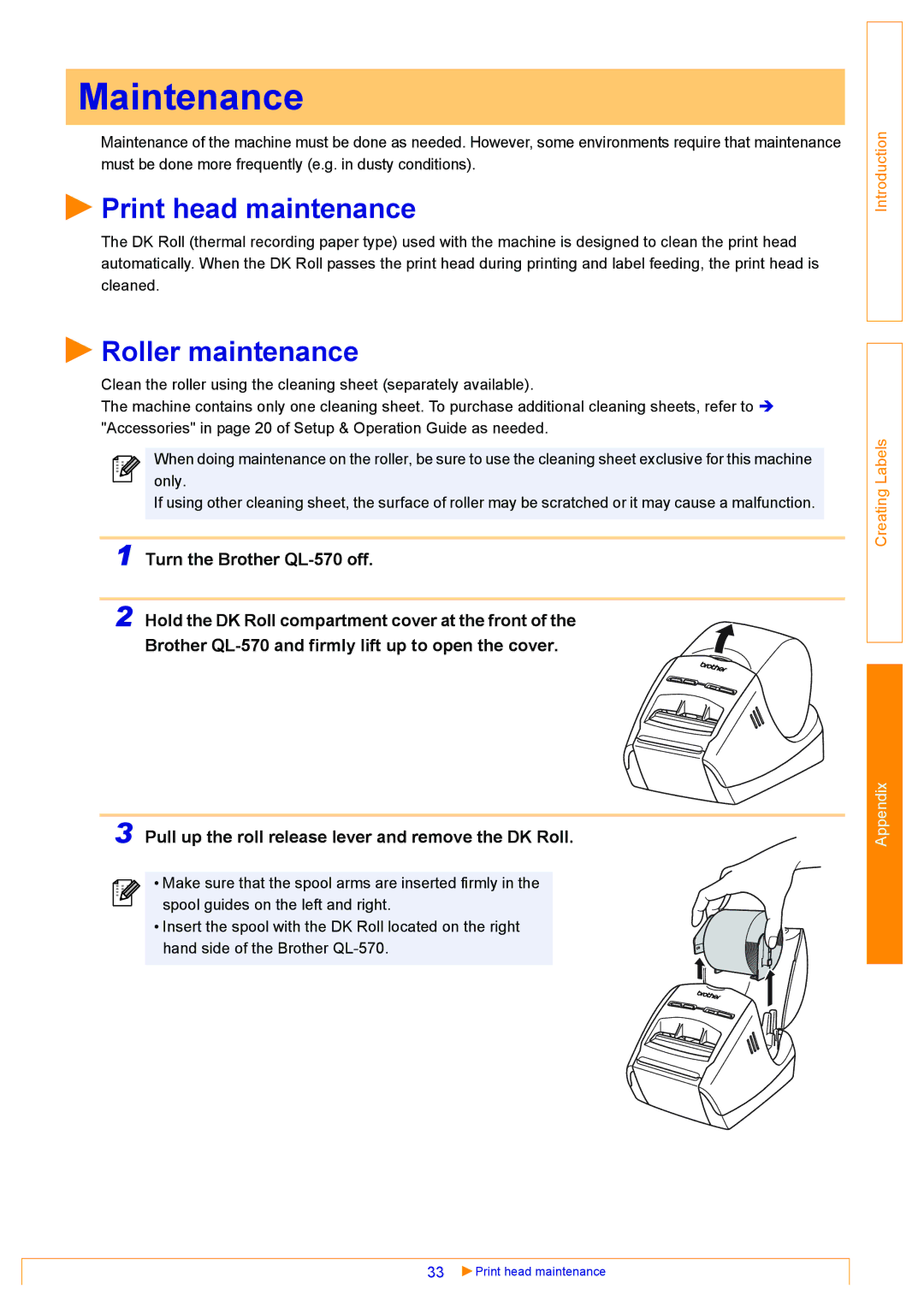 Brother appendix Maintenance, Print head maintenance, Roller maintenance, Turn the Brother QL-570 off 