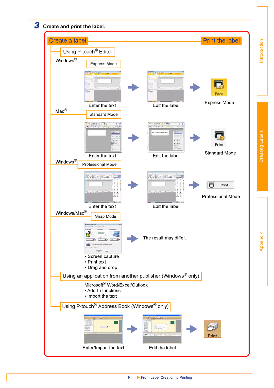 Brother QL-570 Create and print the label, Using P-touchEditor, Using an application from another publisher Windows only 