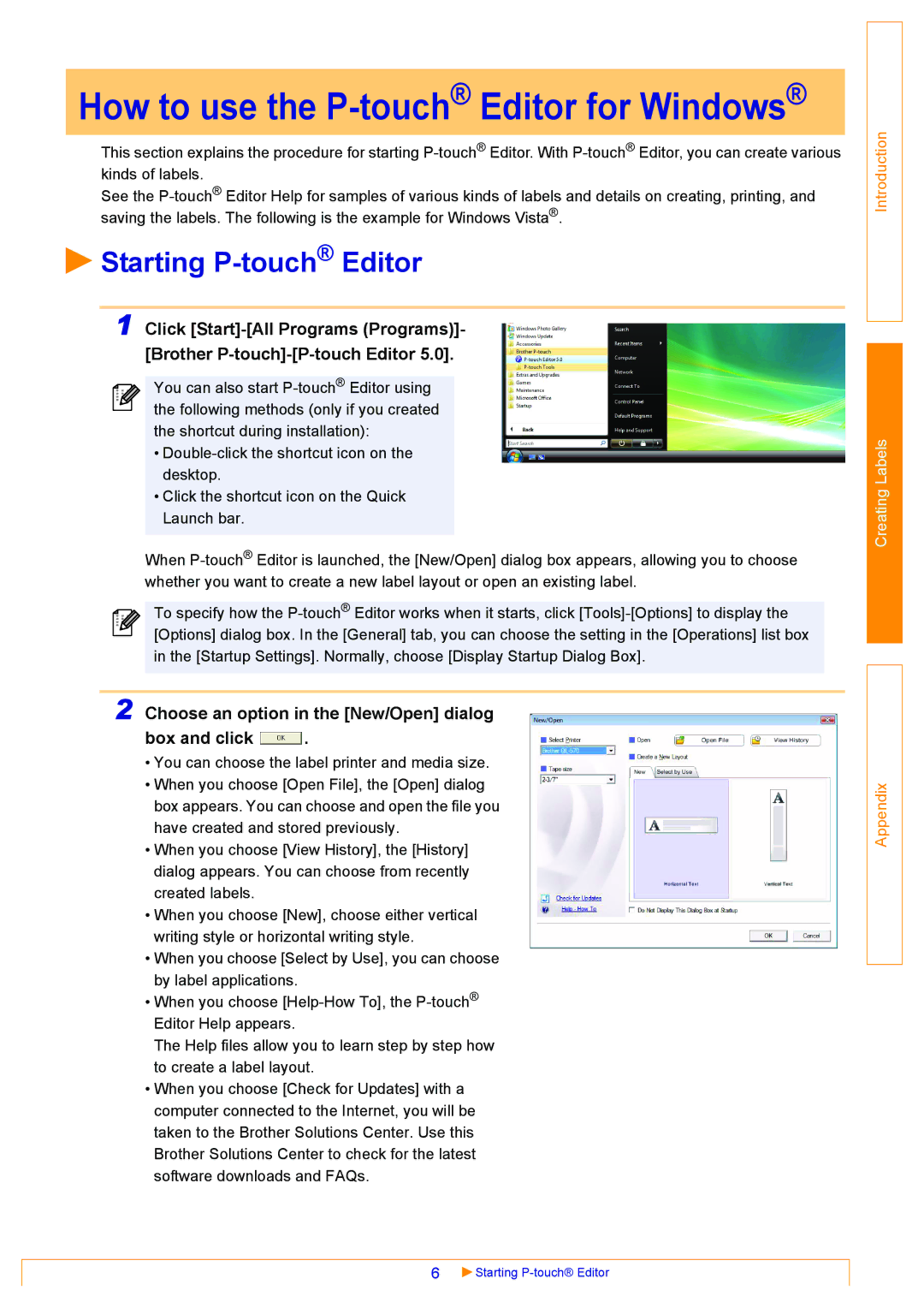 Brother QL-570 appendix Starting P-touchEditor, Choose an option in the New/Open dialog Box and click 