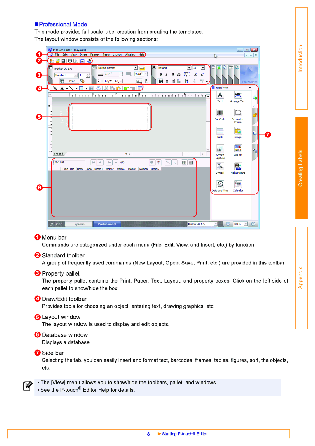 Brother QL-570 appendix Standard toolbar, Property pallet, Side bar 