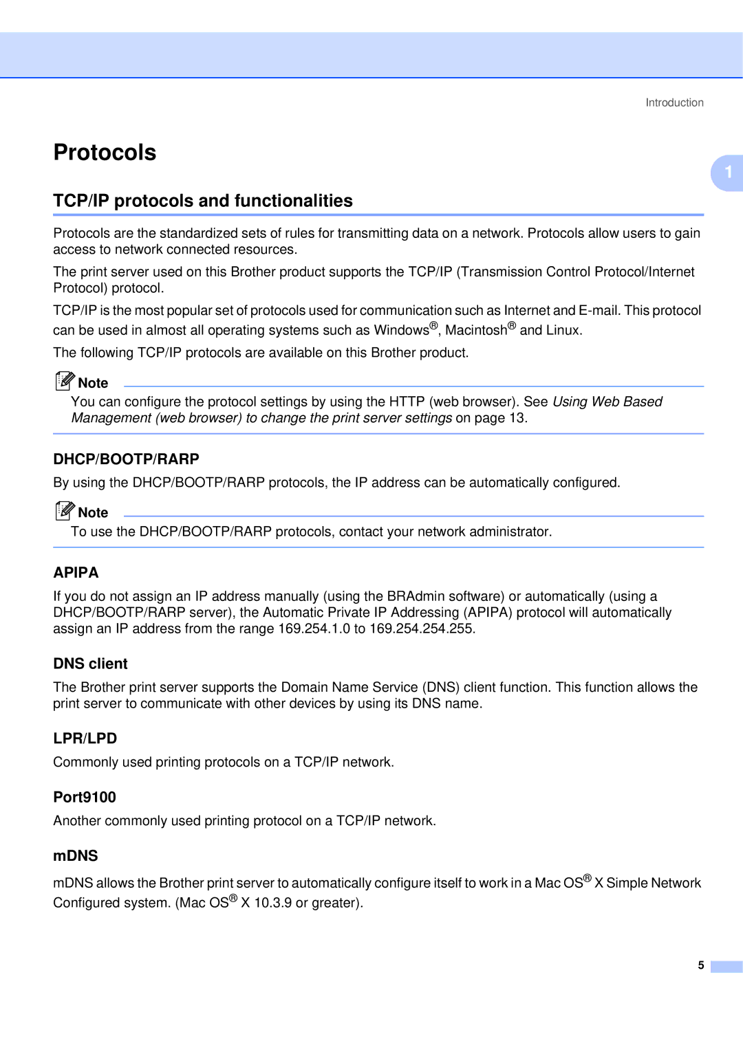 Brother QL-580N manual Protocols, TCP/IP protocols and functionalities, DNS client, Port9100, Mdns 