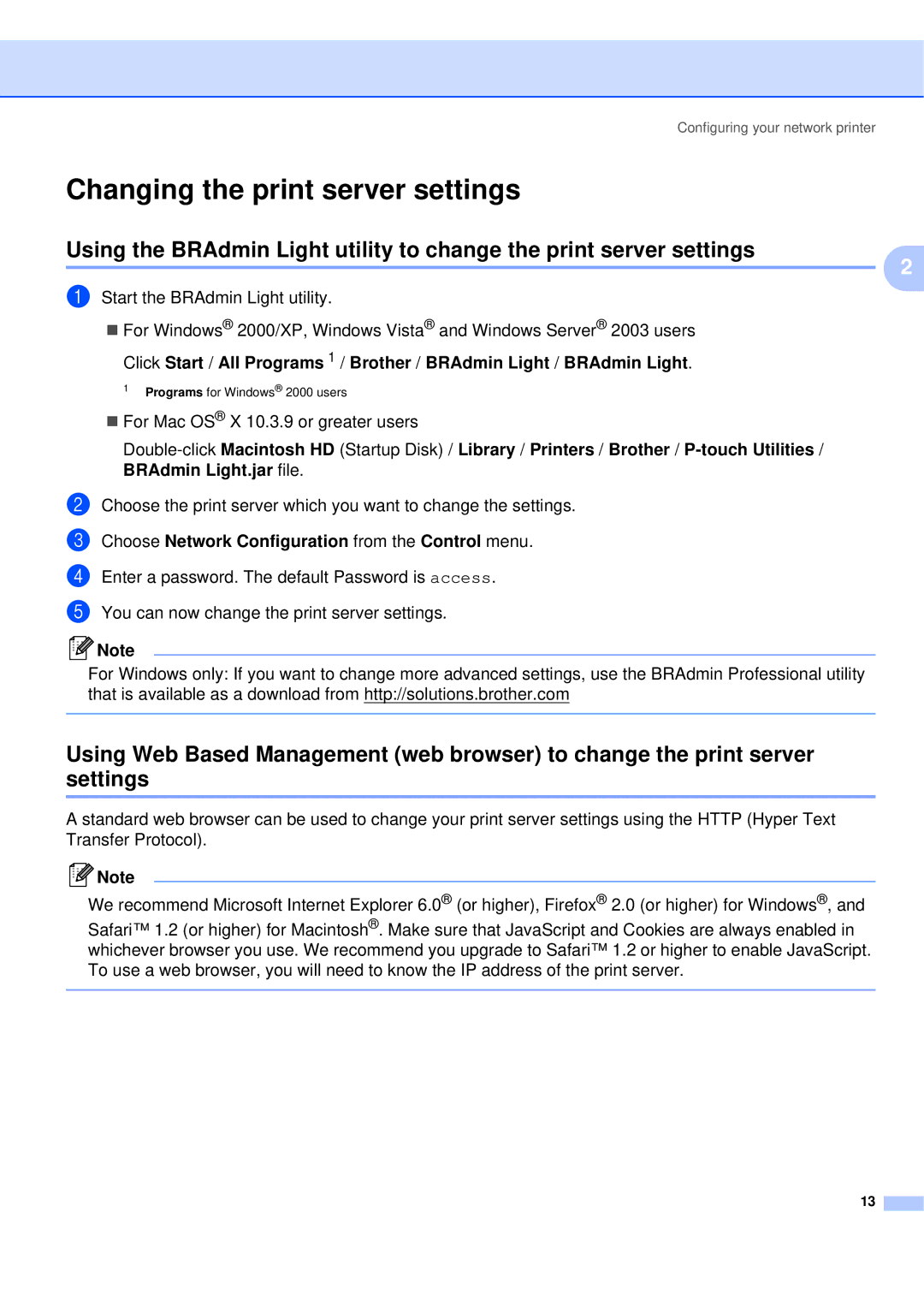 Brother QL-580N manual Changing the print server settings 