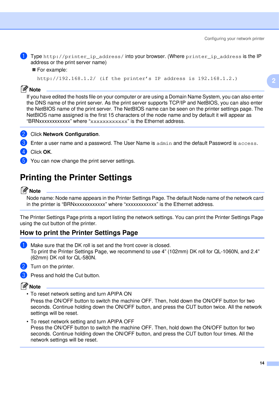 Brother QL-580N manual Printing the Printer Settings, How to print the Printer Settings, Click Network Configuration 