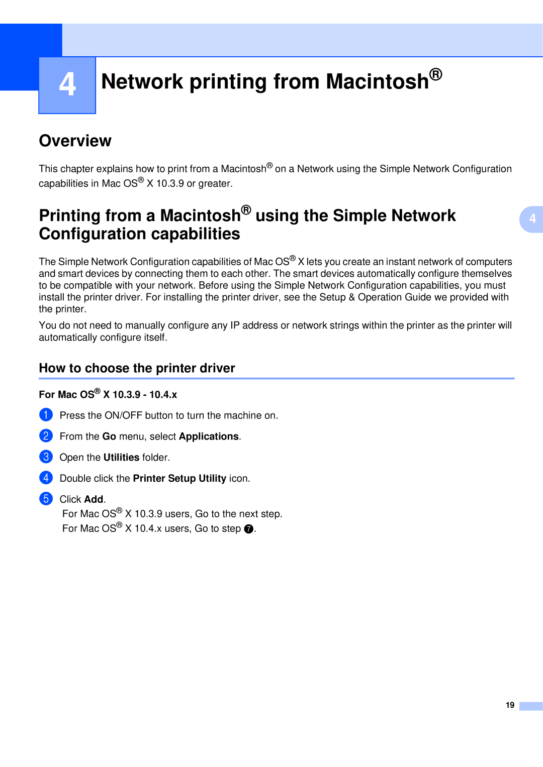Brother QL-580N manual Network printing from Macintosh, How to choose the printer driver, For Mac OS X 10.3.9 