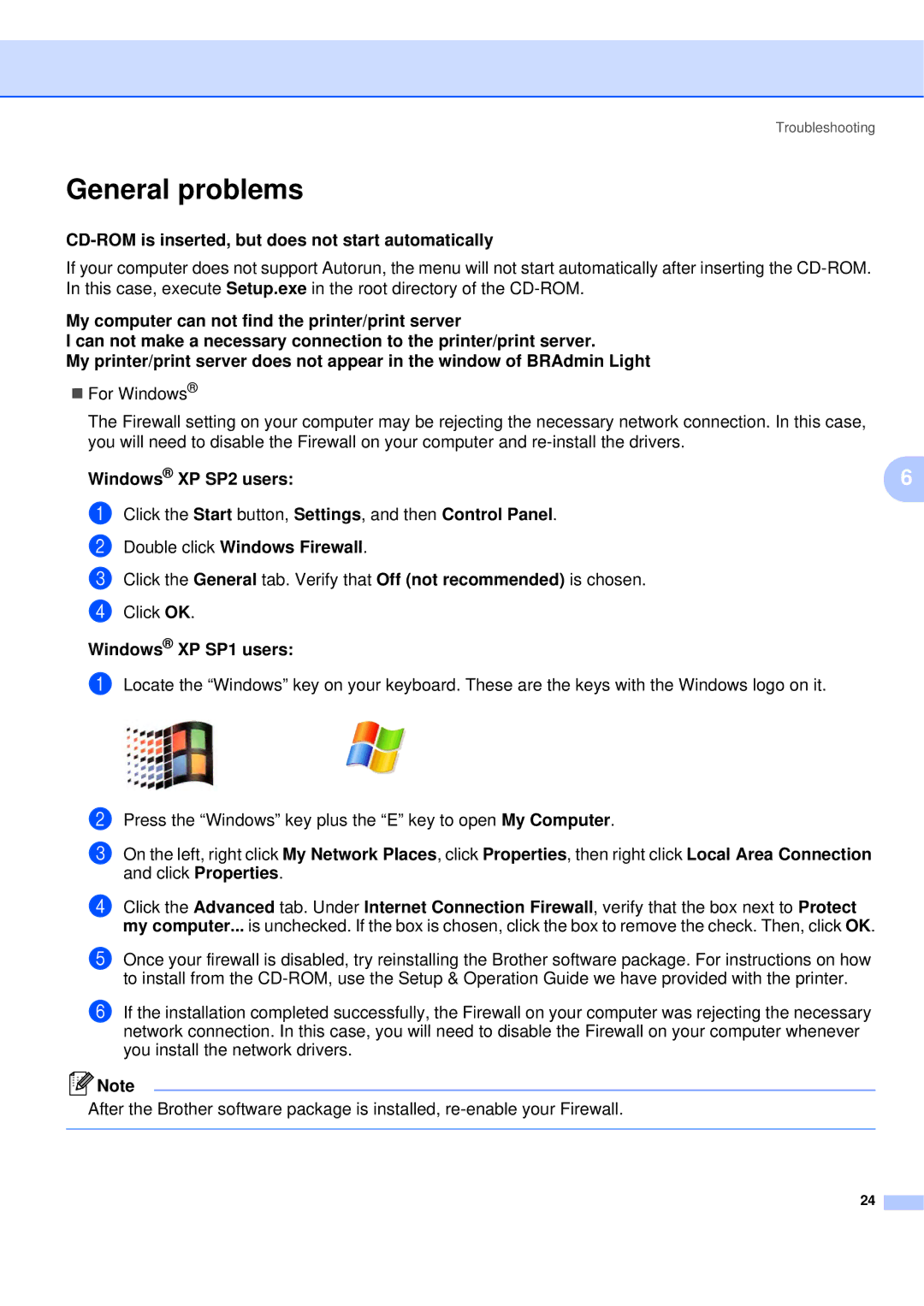 Brother QL-580N manual General problems, CD-ROM is inserted, but does not start automatically, Windows XP SP2 users 