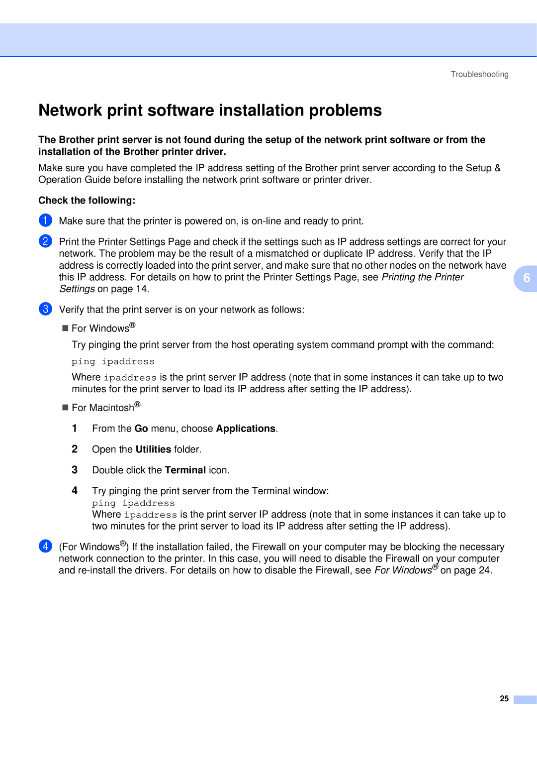 Brother QL-580N manual Network print software installation problems, Check the following, Ping ipaddress 