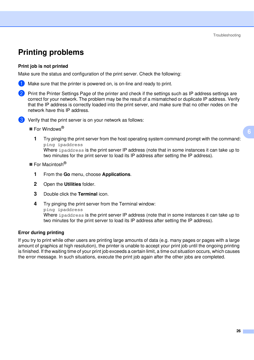 Brother QL-580N manual Printing problems, Print job is not printed, Error during printing 