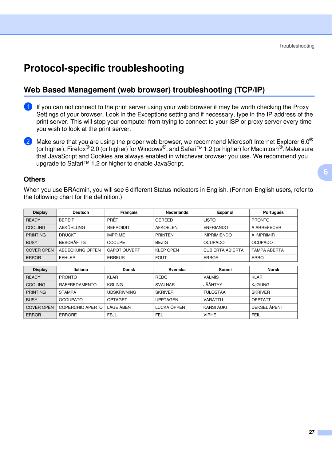 Brother QL-580N manual Protocol-specific troubleshooting, Web Based Management web browser troubleshooting TCP/IP, Others 