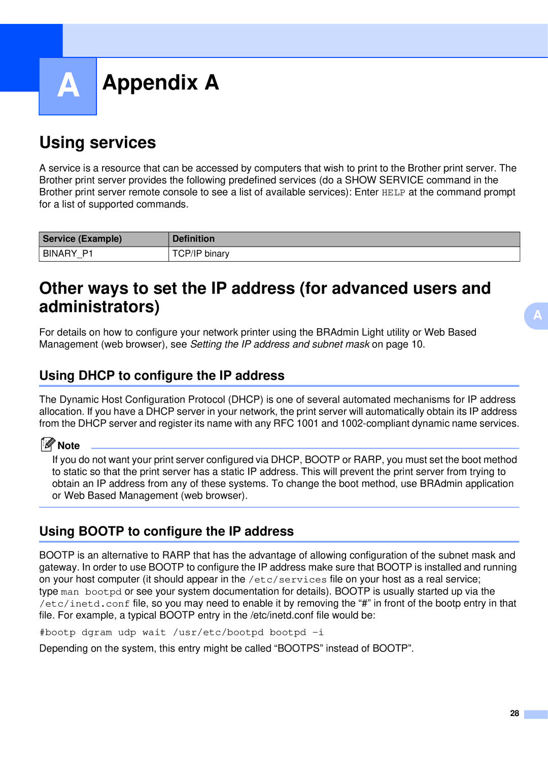 Brother QL-580N manual Appendix a, Using services, Using Dhcp to configure the IP address 