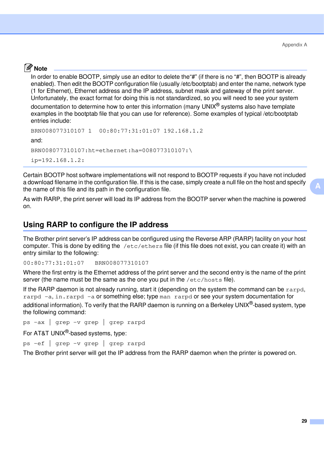 Brother QL-580N manual Using Rarp to configure the IP address, 008077310107 BRN008077310107, Ps -ax grep -v grep grep rarpd 