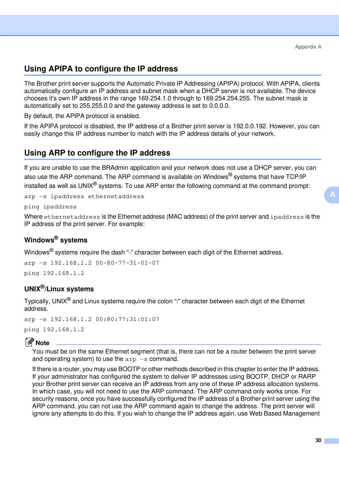 Brother QL-580N manual Using Apipa to configure the IP address, Using ARP to configure the IP address, Windows systems 