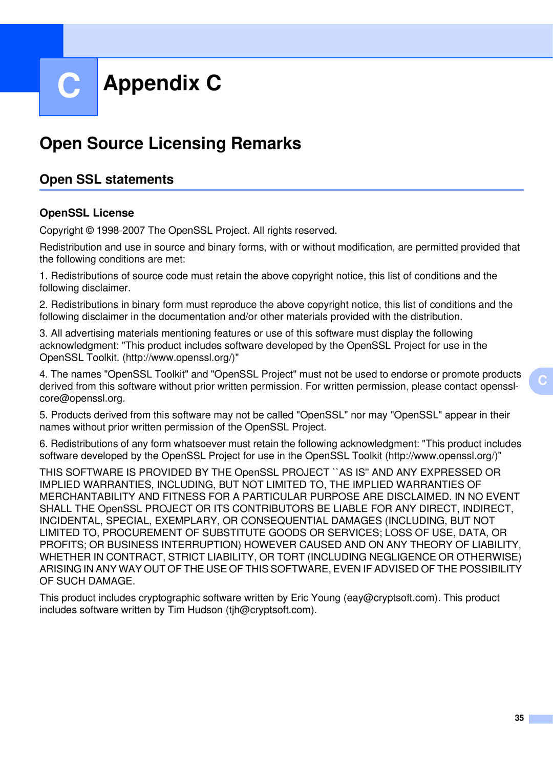 Brother QL-580N manual Appendix C, Open Source Licensing Remarks, Open SSL statements, OpenSSL License 