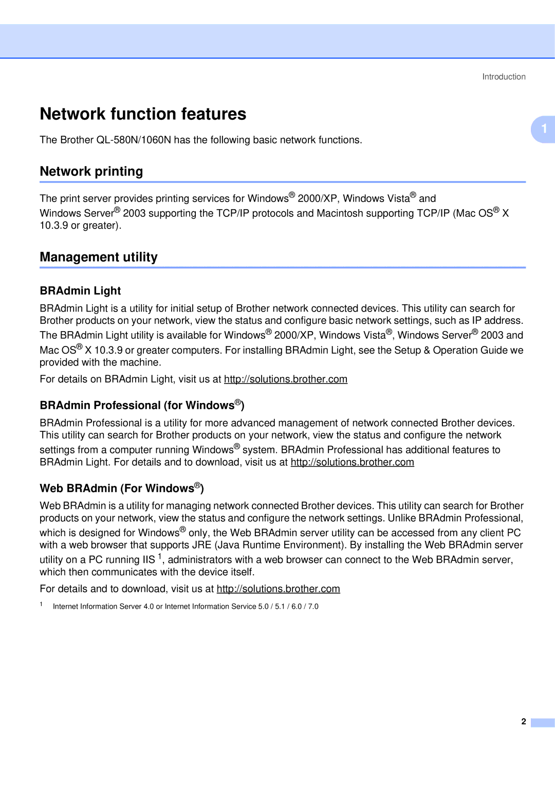 Brother QL-580N manual Network function features, Network printing, Management utility 