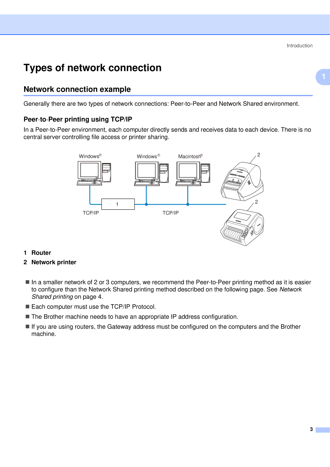 Brother QL-580N manual Types of network connection, Network connection example, Peer-to-Peer printing using TCP/IP 