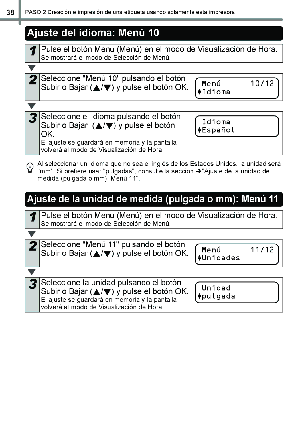 Brother QL-650TD manual Ajuste del idioma Menú, Unidad pulgada 