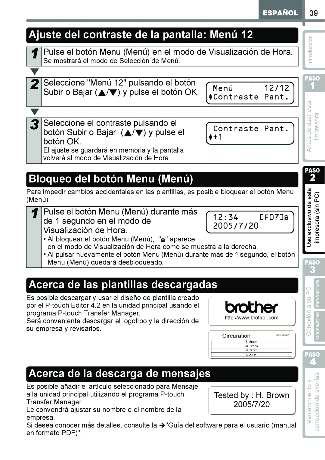 Brother QL-650TD Ajuste del contraste de la pantalla Menú, Bloqueo del botón Menu Menú, Acerca de la descarga de mensajes 