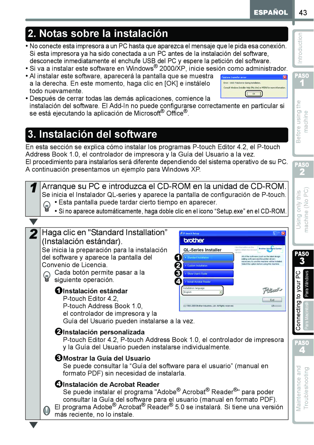 Brother QL-650TD manual Notas sobre la instalación, Instalación del software 