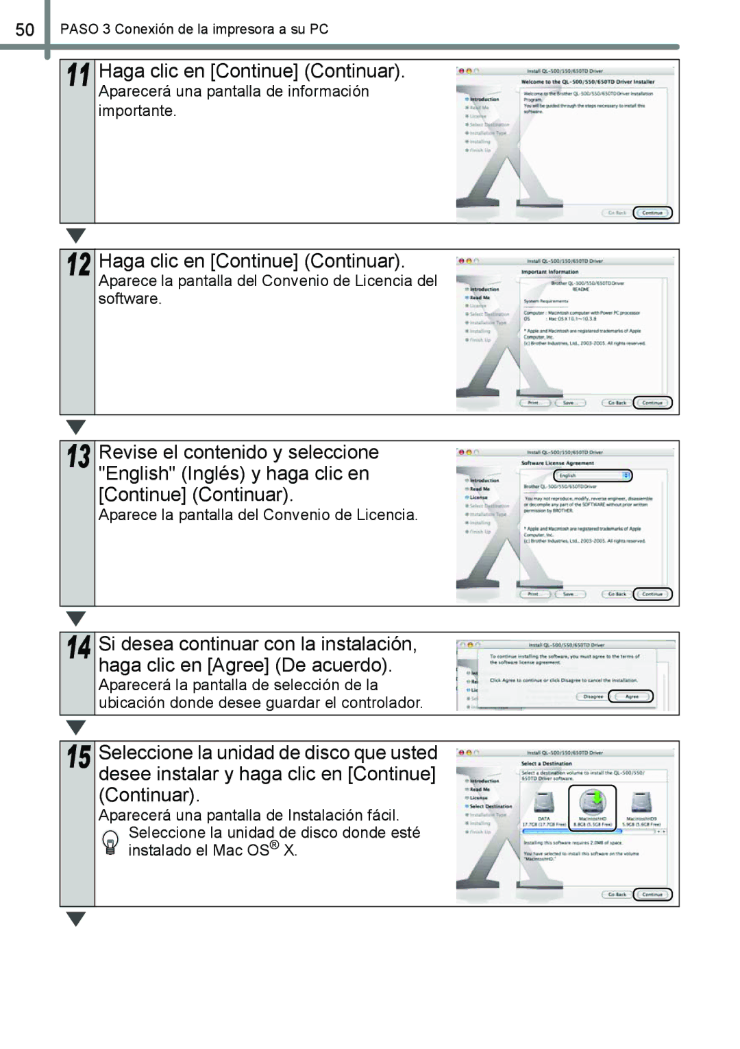 Brother QL-650TD manual Haga clic en Continue Continuar, Aparece la pantalla del Convenio de Licencia del software 