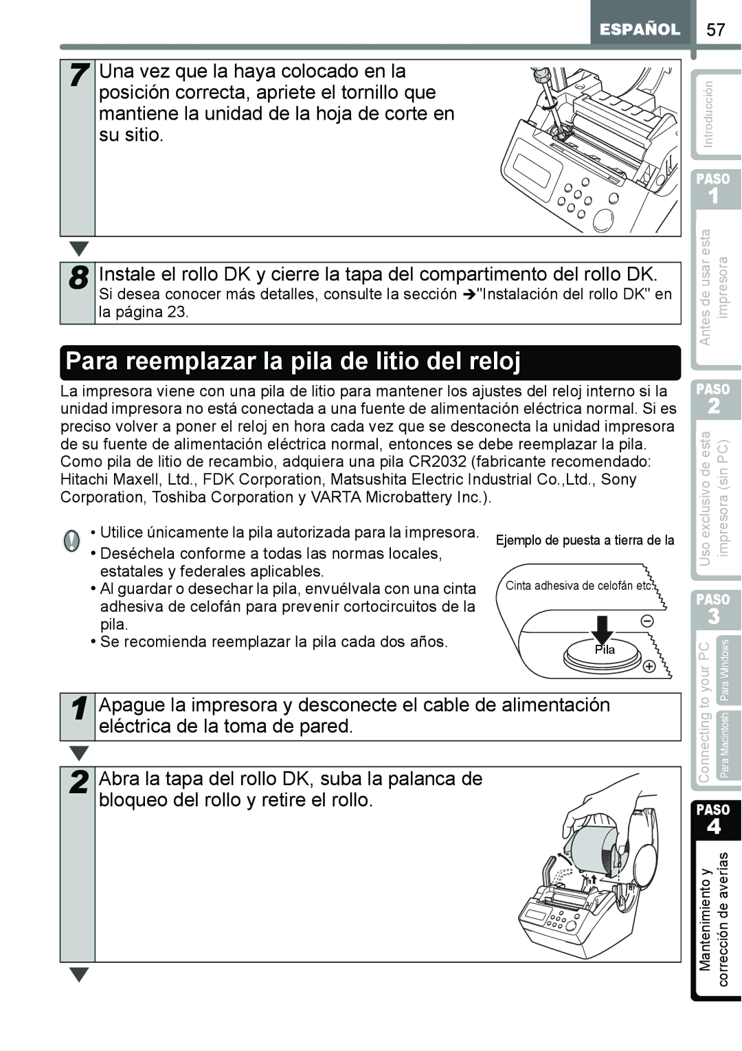 Brother QL-650TD manual Para reemplazar la pila de litio del reloj 