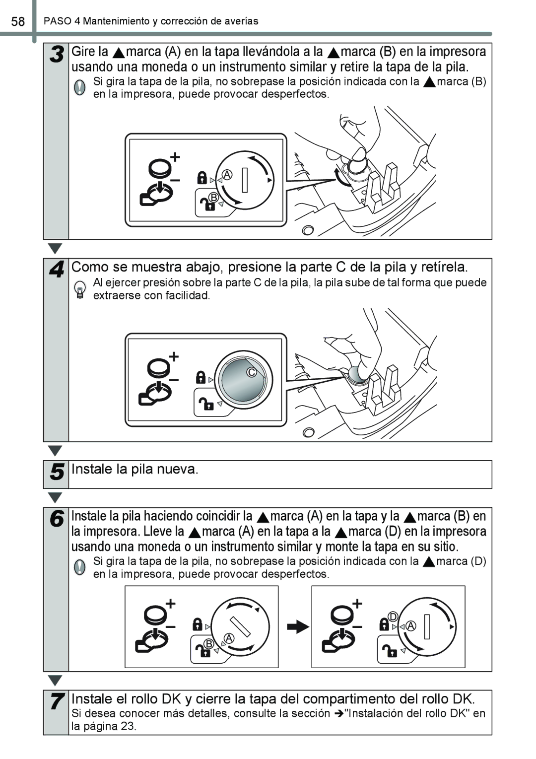 Brother QL-650TD manual Instale la pila nueva 