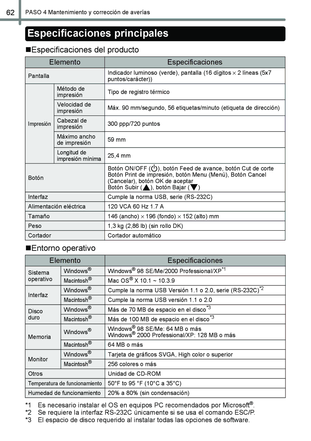 Brother QL-650TD manual Especificaciones principales, „Especificaciones del producto, „Entorno operativo 