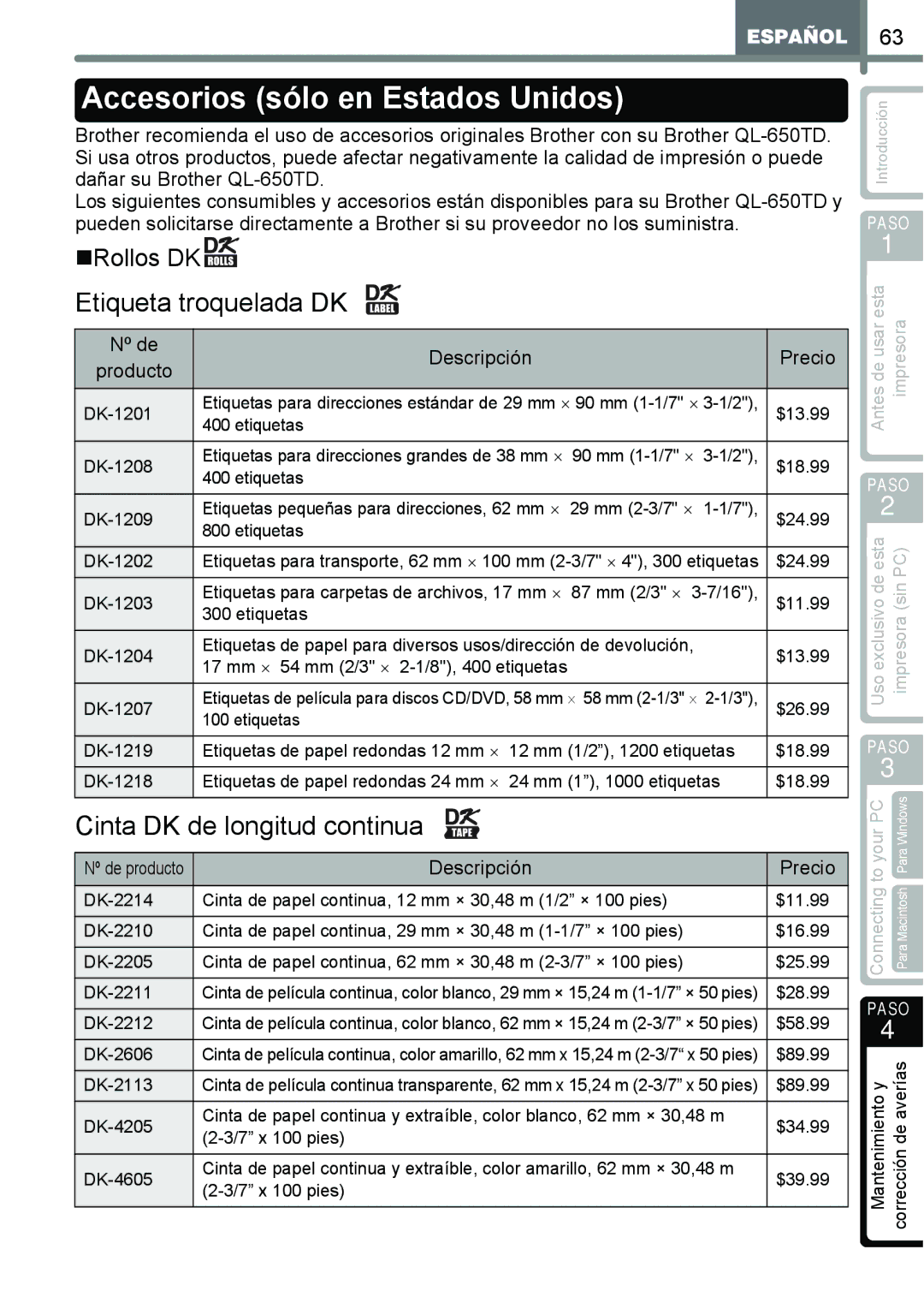 Brother QL-650TD manual Accesorios sólo en Estados Unidos, „Rollos DK, Nº de Descripción Precio Producto 