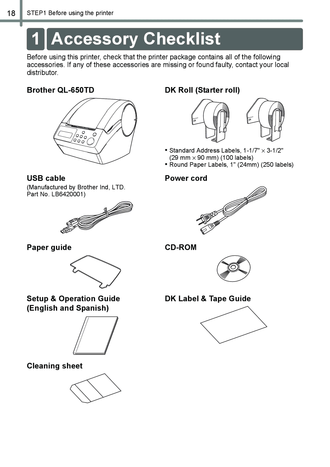 Brother QL-650TD manual Accessory Checklist, DK Label & Tape Guide 