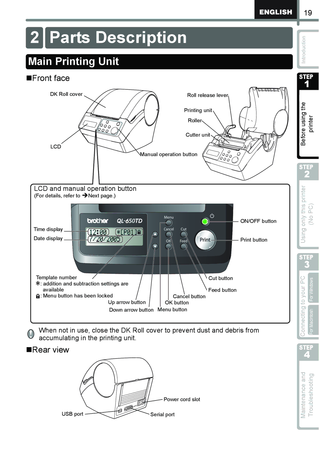 Brother QL-650TD Parts Description, Main Printing Unit, „Front face, „Rear view, LCD and manual operation button 