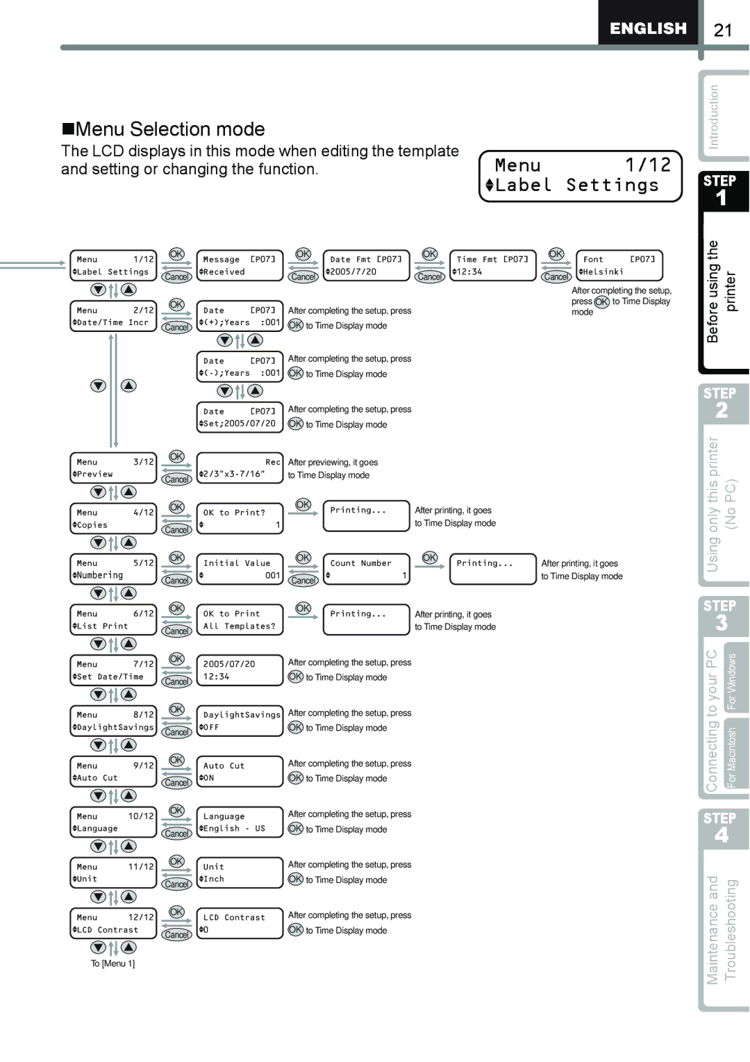 Brother QL-650TD manual „Menu Selection mode, Label Settings, LCD displays in this mode when editing the template 