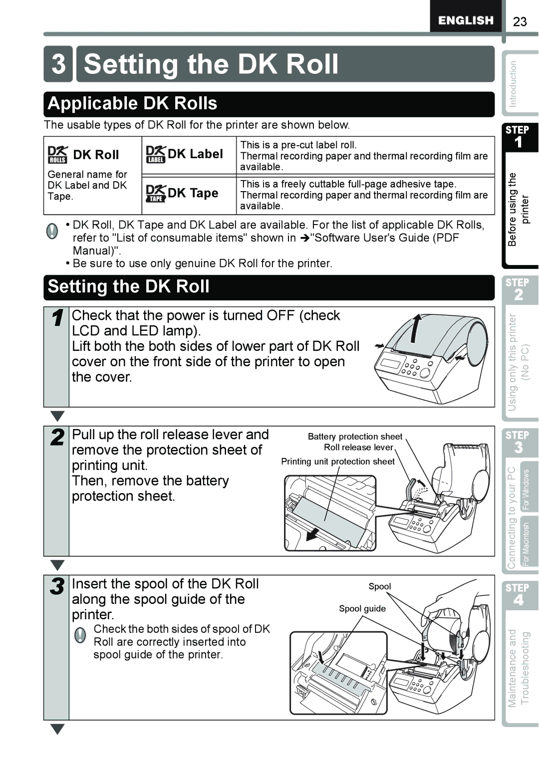 Brother QL-650TD manual Setting the DK Roll, Applicable DK Rolls, Usable types of DK Roll for the printer are shown below 