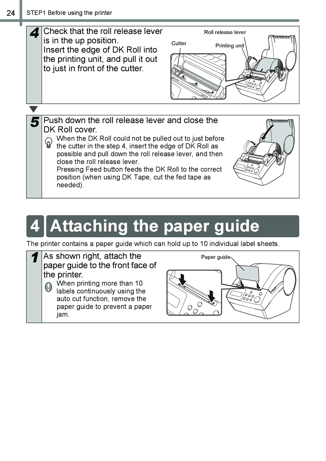 Brother QL-650TD manual Attaching the paper guide, Check that the roll release lever, Is in the up position 