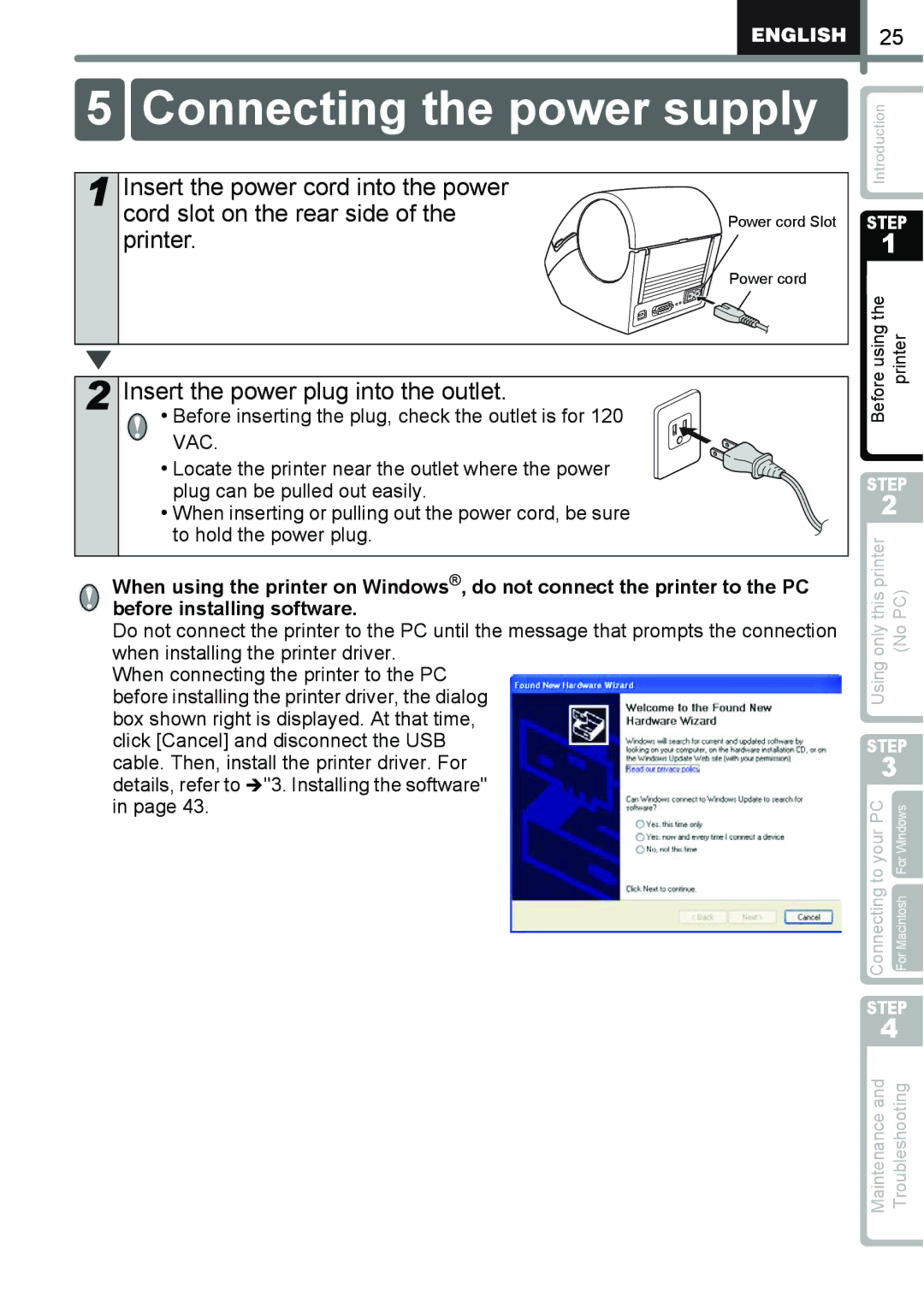 Brother QL-650TD manual Connecting the power supply, Printer, Insert the power plug into the outlet 