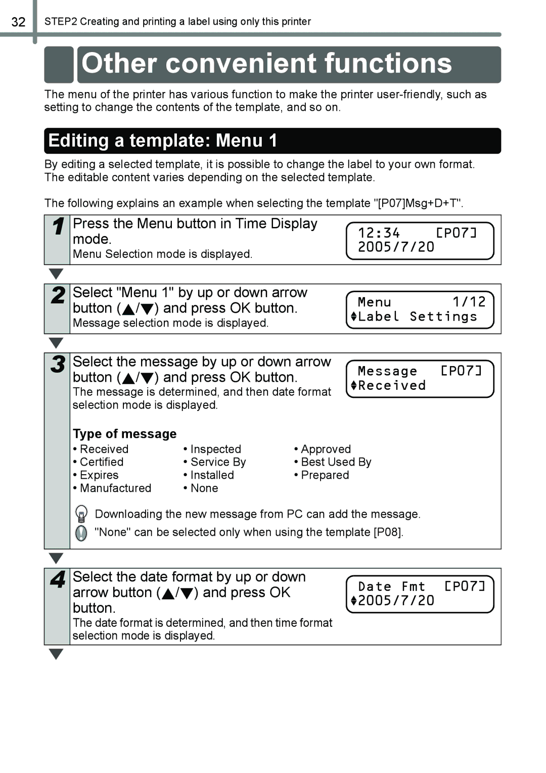 Brother QL-650TD Other convenient functions, Editing a template Menu, Press the Menu button in Time Display 1234 P07 Mode 