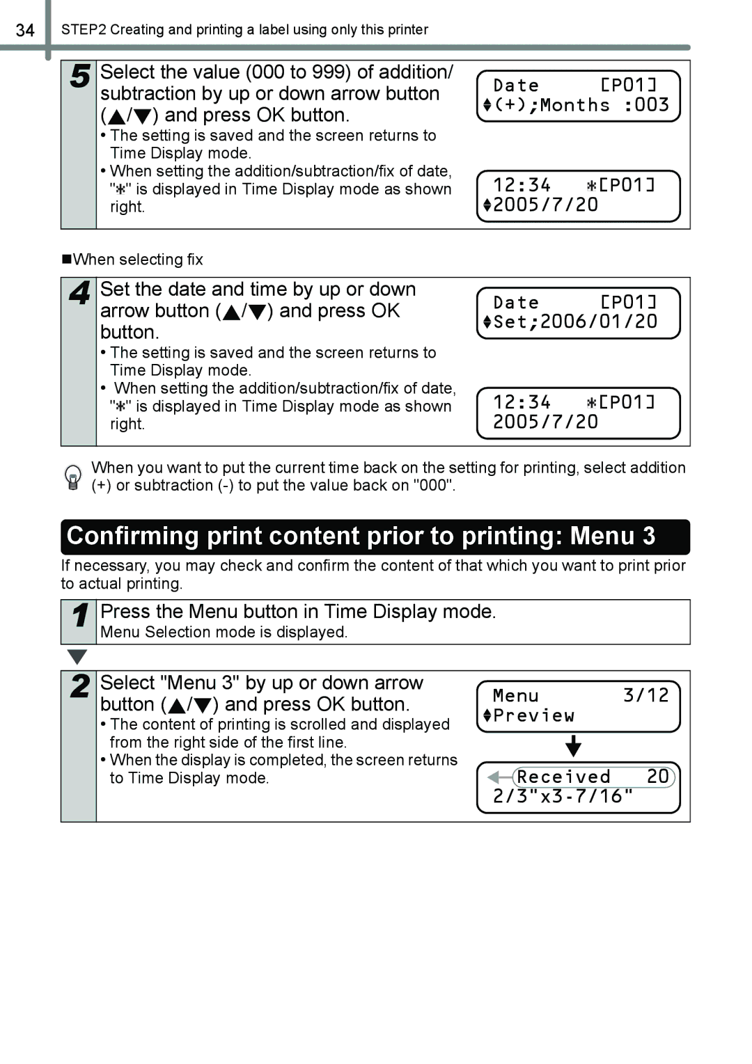 Brother QL-650TD manual Confirming print content prior to printing Menu, Date P01 +Months 1234 2005/7/20, 1234 P01 