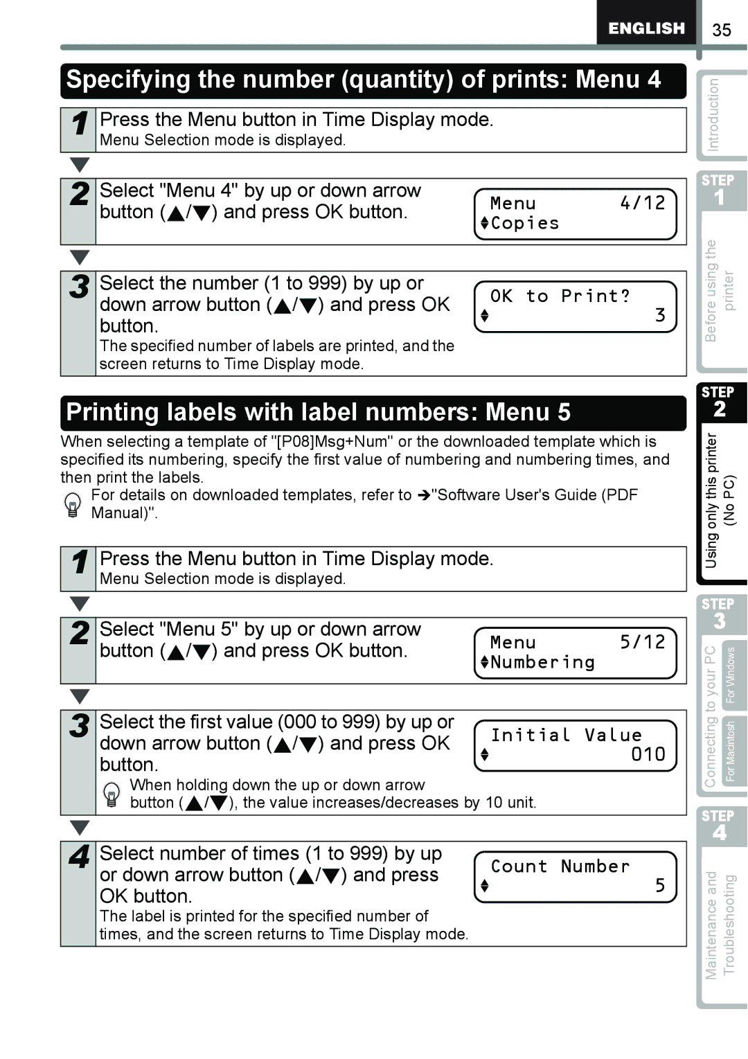 Brother QL-650TD manual Specifying the number quantity of prints Menu, Printing labels with label numbers Menu 