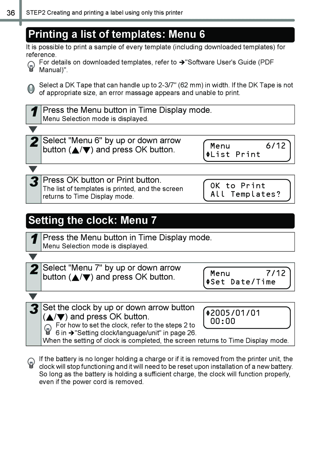 Brother QL-650TD Printing a list of templates Menu, Setting the clock Menu, All Templates?, Returns to Time Display mode 