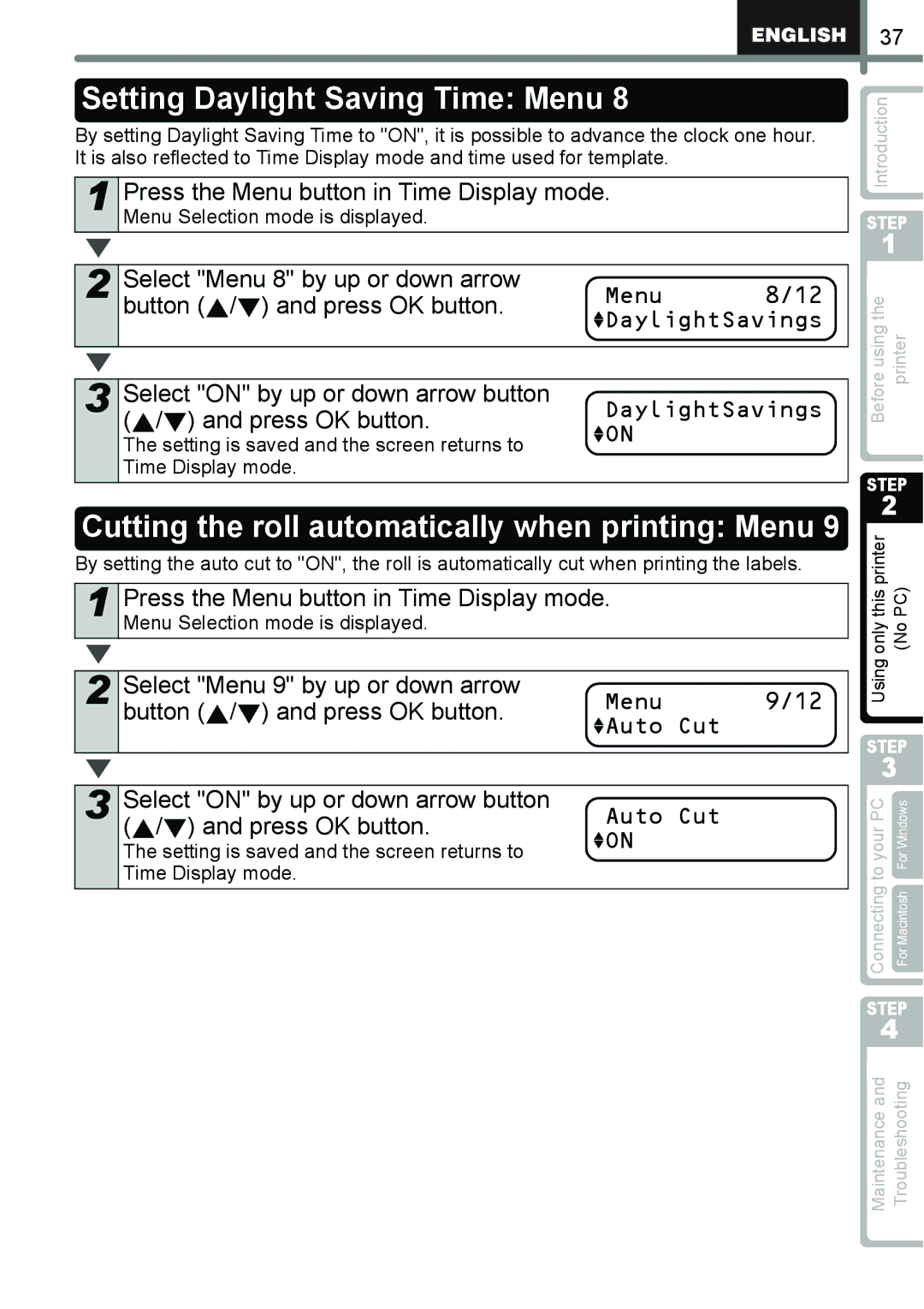 Brother QL-650TD manual Setting Daylight Saving Time Menu, Cutting the roll automatically when printing Menu 