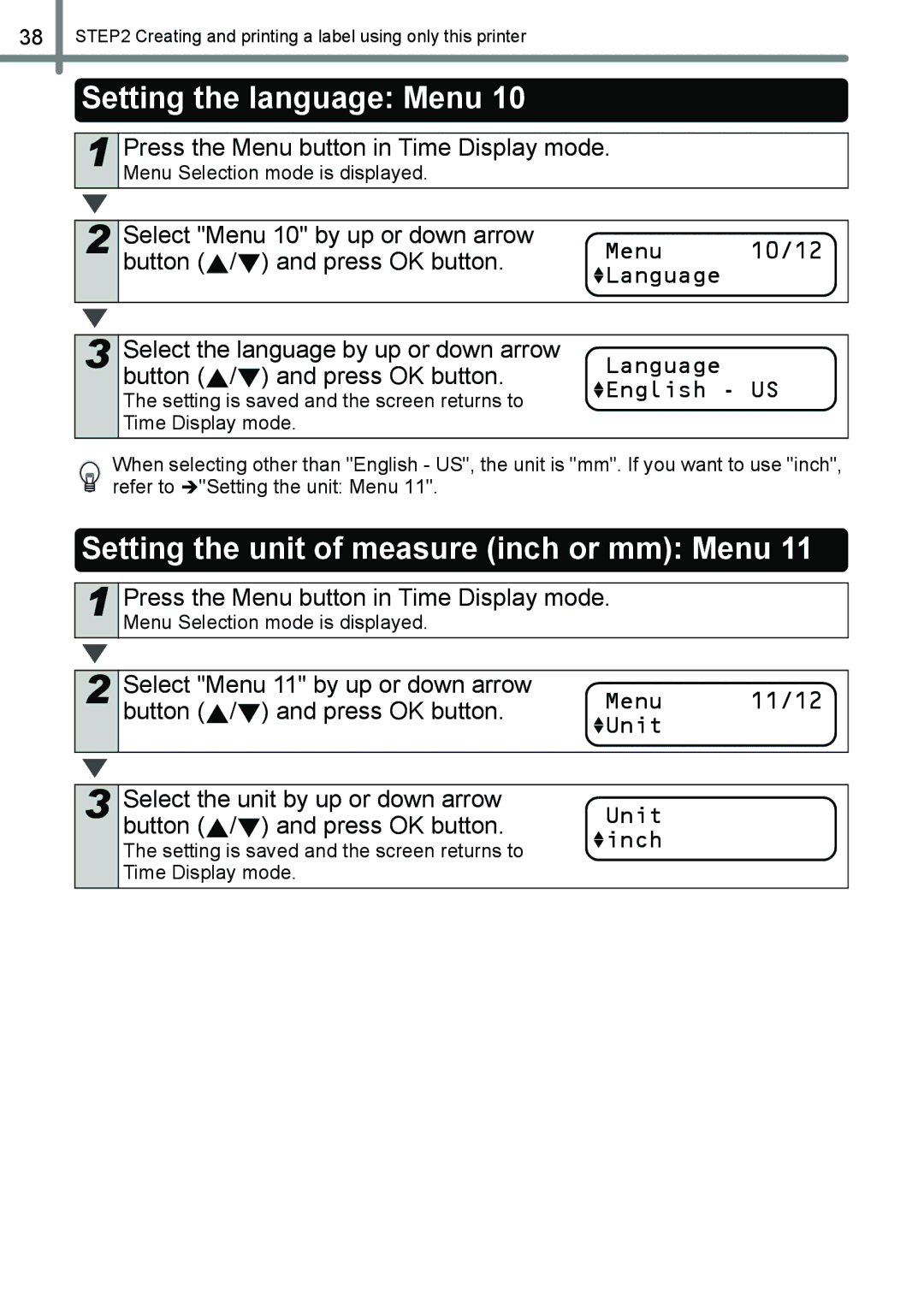 Brother QL-650TD Setting the language Menu, Setting the unit of measure inch or mm Menu, Language English US, Unit inch 