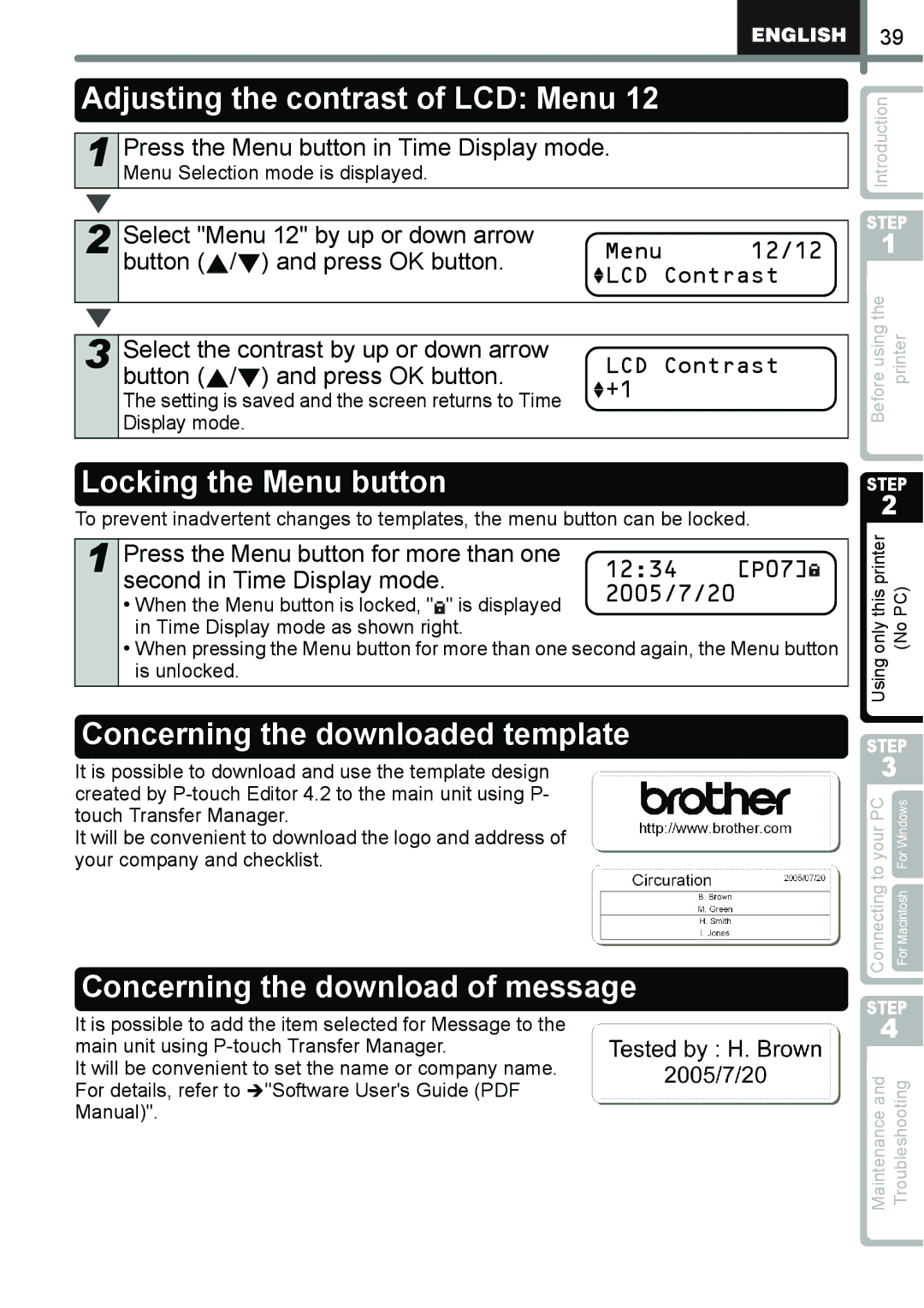 Brother QL-650TD manual Adjusting the contrast of LCD Menu, Locking the Menu button, Concerning the downloaded template 