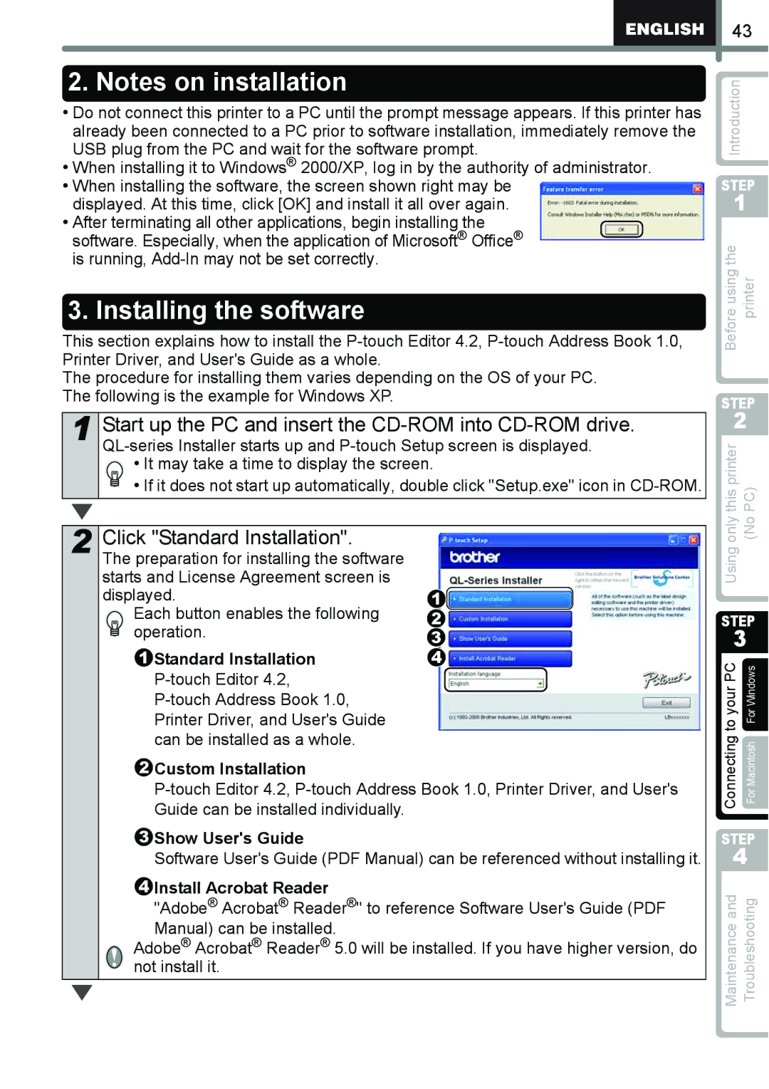 Brother QL-650TD manual Installing the software, Click Standard Installation, Custom Installation 